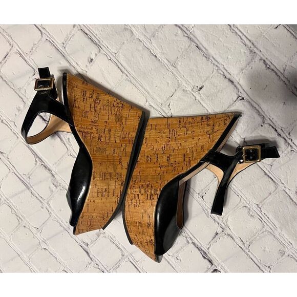 Idore Womens Size 7 Cork Wedge Platform Sandal Black Glossy Leather Summer Night - Picture 10 of 12